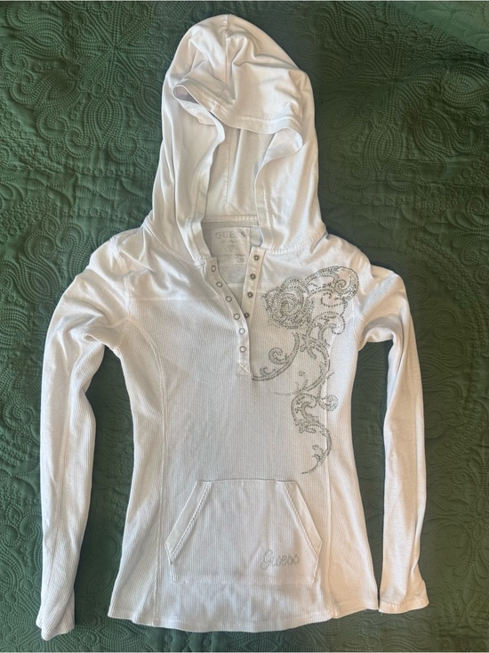 Guess Sweaters - Vintage Y2K GUESS Rhinestone Thermal Hoodie White Size M McBling 2000s